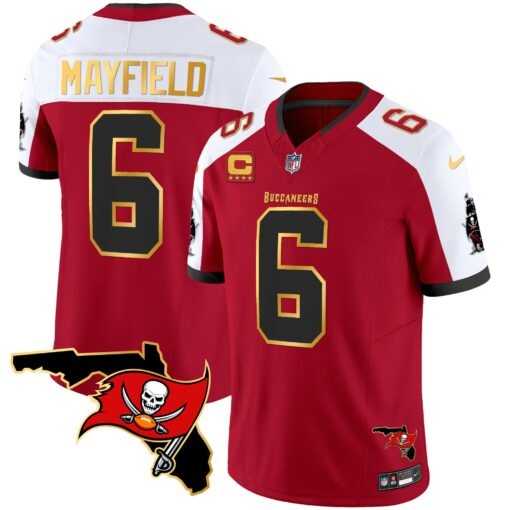 Men%27s Tampa Bay Buccaneers #6 Baker Mayfield Red White With Florida Patch Gold Trim Vapor Stitched Jersey Dyin->tampa bay buccaneers->NFL Jersey